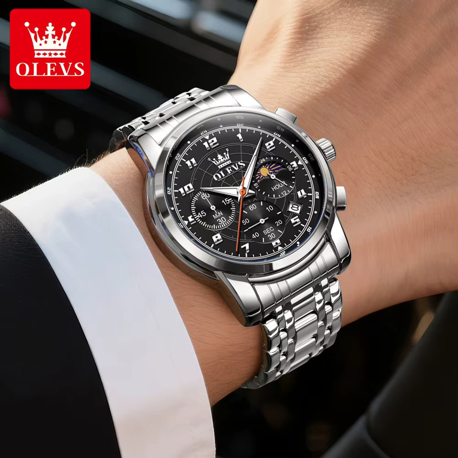 OLEVS Armbanduhr Quarz, Edelstahl, Schwarz, Mondphase, Herren - Bild 3