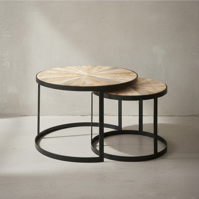 KADIMA DESIGN Couchtisch-Set ESINO im Industrie-Stil aus Mango Massivholz und Eisen, Mango, 2er-Set - Bild 1