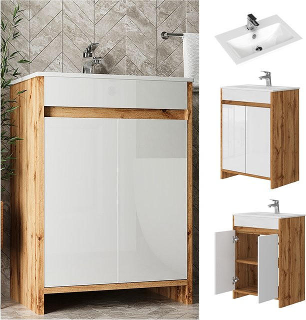 Vicco Waschtischset Lemgo Eiche Gold Weiß Hochglanz 2-teilig B/T/H: 60 x 40 x 82 cm - Bild 3