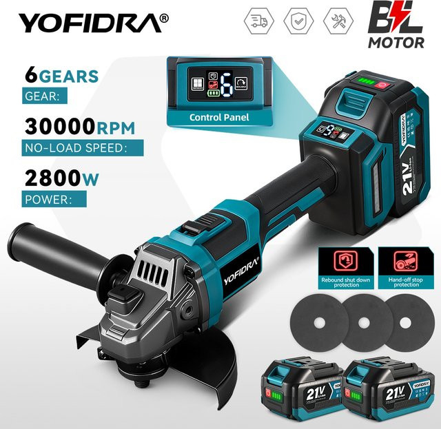 YOFIDRA Bürstenloser kabelloser Winkelschleifer mit 125 mm Scheibendurchmesser und M14 Gewinde, blau, kompatibel mit Makita LXT Akkus - Bild 1