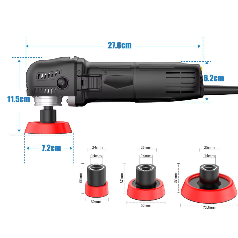 DWiusty Mini-Poliermaschine Rotationspolierer für die Autopflege in Schwarz mit 27 Polierpads und M14-Gewinde-Verlängerungsstangen (75mm, 100mm, 140mm) - Bild 2