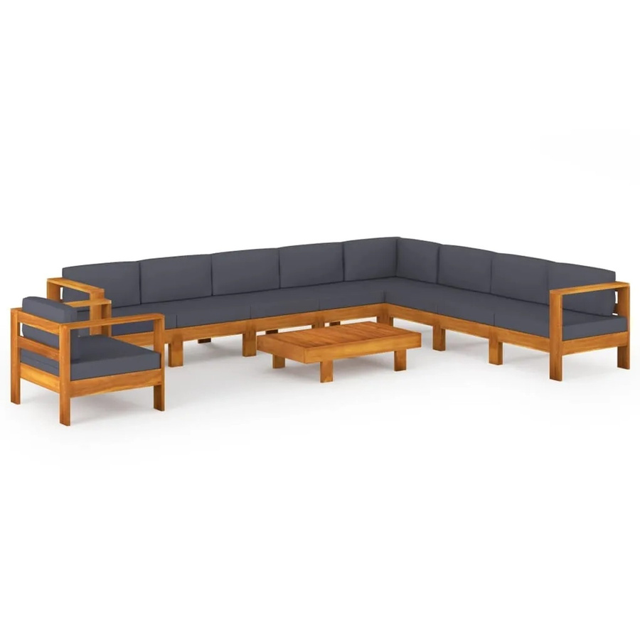 vidaXL 10-tlg Garten-Lounge-Set aus Akazienholz in L-Form mit grauen Polsterauflagen aus UV-beständigem Polyester - Bild 2