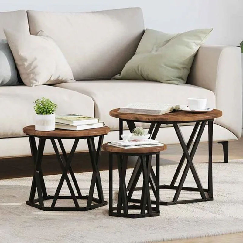 Vidaxl Nesting Beistelltisch Set aus 3 Teilen in Räuchereiche und Schwarz im Industrial Design, Rund, B/T/H: 53 x 53 x 40 cm - Bild 1