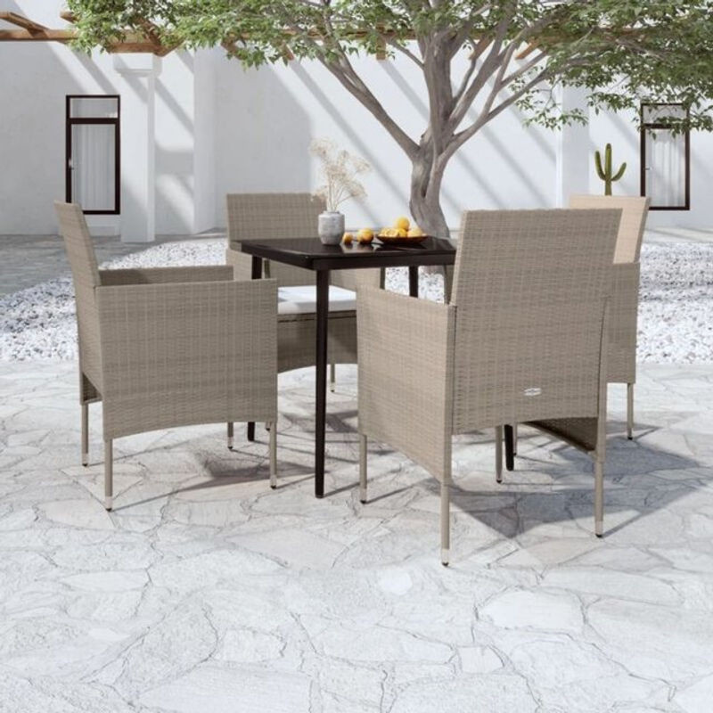 5-tlg. moderne Garten-Essgruppe aus Rattan und Metall mit Glasplatte und Kissen in Beige und Schwarz von vidaxl - Bild 1