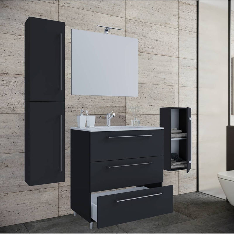 VCM Badmöbel-Set in Schwarz Matt bestehend aus Waschtisch, Spiegelschrank und Hochschrank B/H/T: 80 x 150 x 46 cm - Bild 3