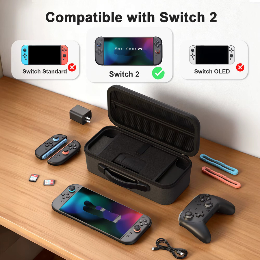 Nintendo Switch 2 Aufbewahrungstasche mit großem Fassungsvermögen, 2-lagige Hartschale für Controller und Zubehör, Schwarz - Bild 5