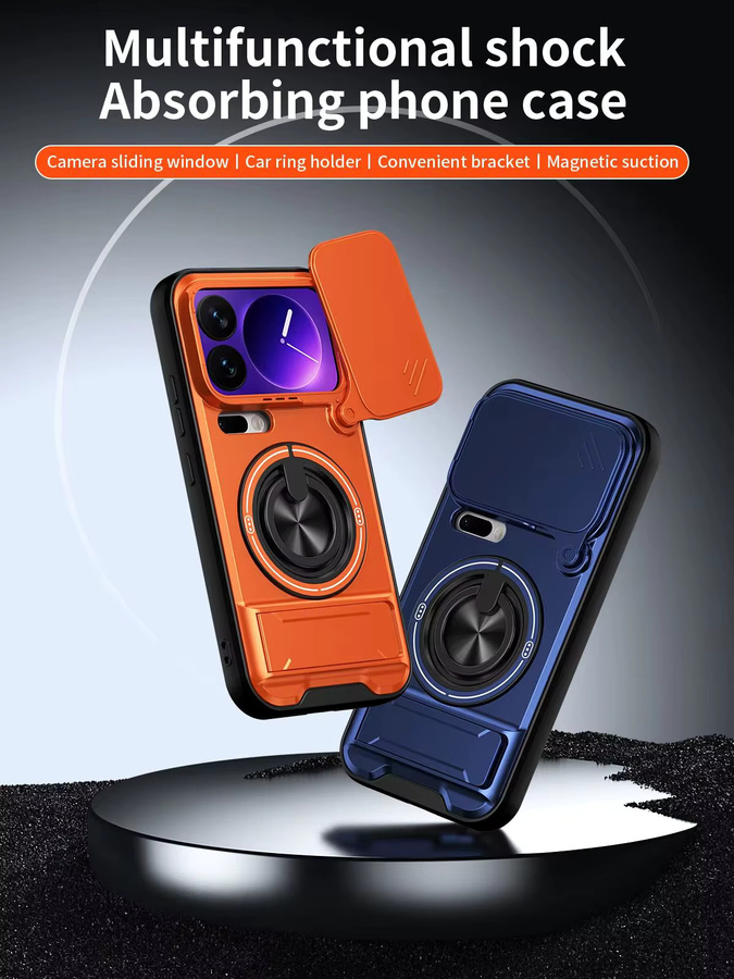 Stoßfeste Panzer-Handyhülle für Xiaomi 17 Pro Max 5G und 17 Ultra mit Kameraschutz, aufklappbarem Ständer und magnetischer Abdeckung in Schwarz und Orange - Bild 7