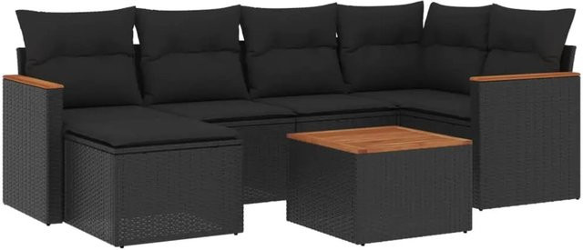 vidaXL 7-tlg. Garten-Sofagarnitur in L-Form aus schwarzem Poly-Rattan mit Kissen und Akazienholz - Bild 1