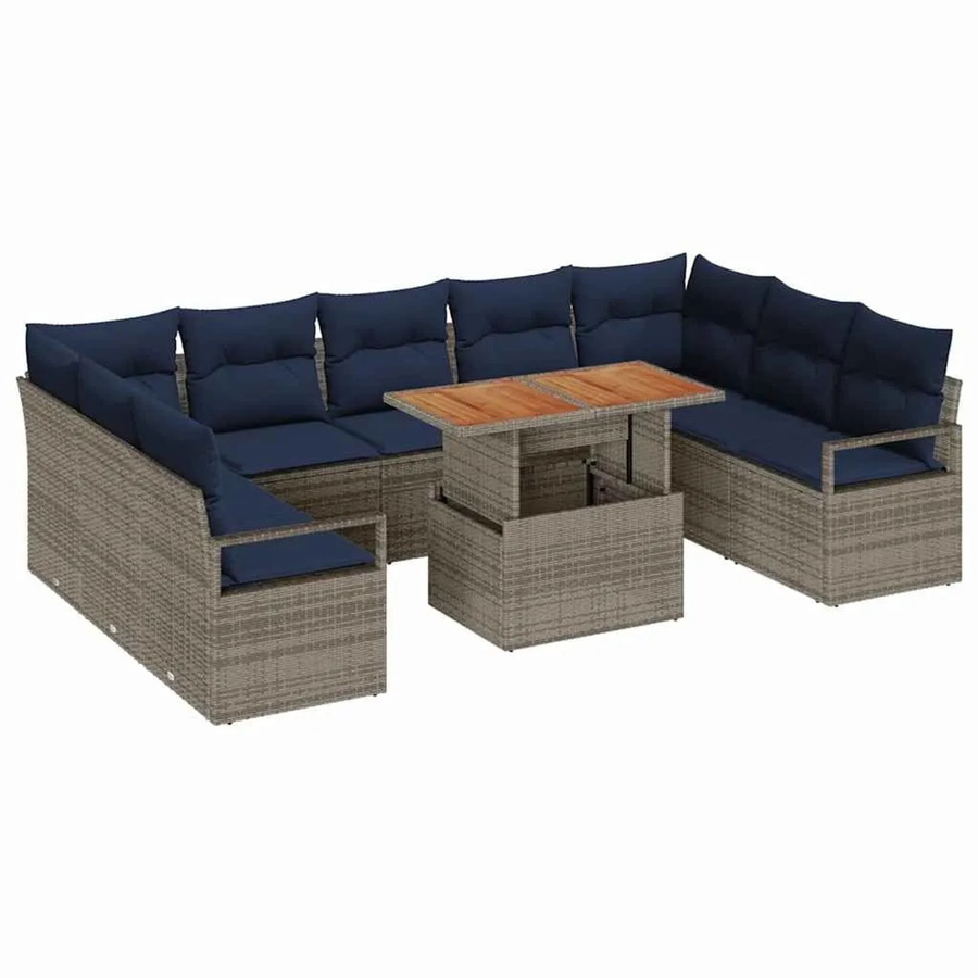 vidaXL Garten-Sofa-Set mit 10-teiligem Polster-Set aus Poly-Rattan und Akazienholz in Grau und Marineblau - Bild 2