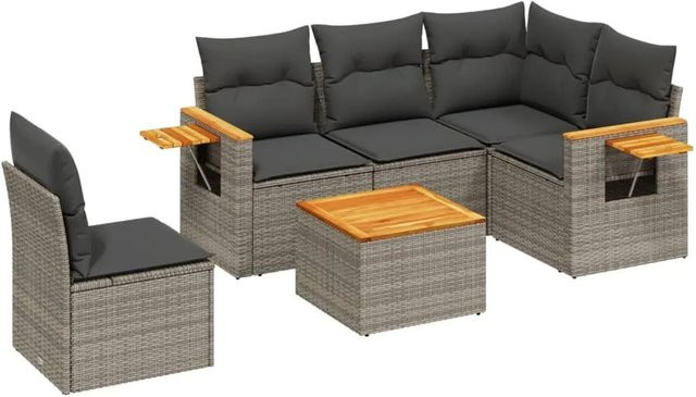 vidaXL 6-teilige Garten-Sofagarnitur aus Poly-Rattan und Akazienholz in Grau mit Kissen - Bild 1