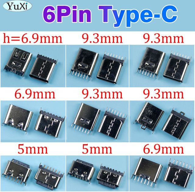 10 Stück YuXi USB Typ-C 6-Pin Buchsen, 180 Grad vertikale Anschlüsse in Silber für Schnellladung und Hochgeschwindigkeits-Datenübertragung - Bild 1