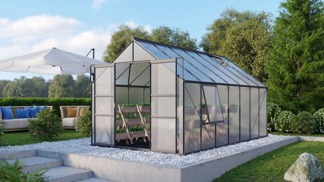 Vitavia Gewächshaus Meridian 11500 in Schwarz mit 11,5 m² Fläche, Polycarbonat-Platten und Doppelschiebetür - Bild 1