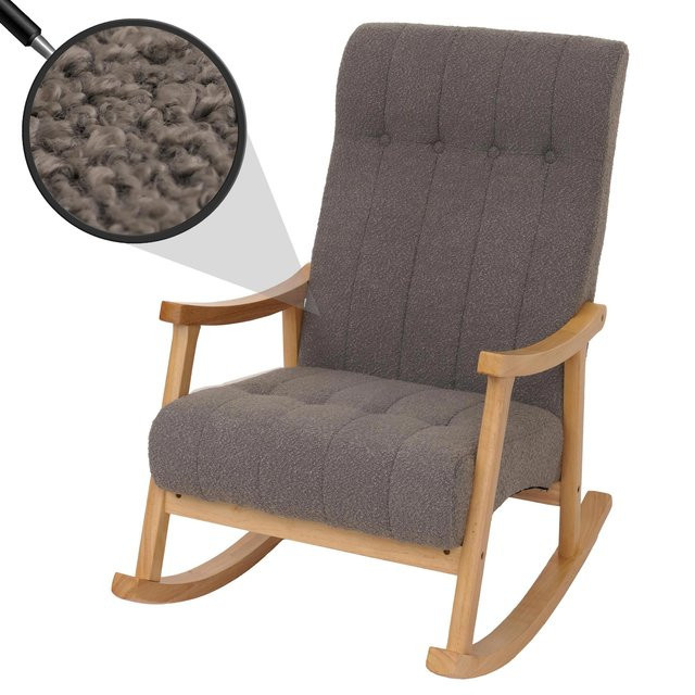 Schaukelstuhl MCW-K10 Relaxsessel aus Holz mit Bouclé-Stoffbezug in Dunkelgrau und Naturholz-Gestell - Bild 1