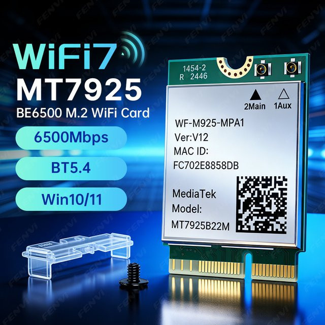 Fenvi MT7925 WiFi 7 BE6500 M.2 Netzwerkkarte mit Bluetooth 5.4, Tri-Band 2,4 GHz, 5 GHz und 6 GHz, NGFF für AMD PC, kompatibel mit Windows 10/11 - Bild 1