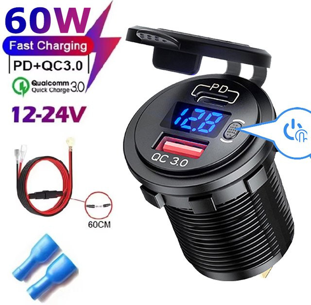 Wasserdichter 60W USB-C und QC 3.0 Ladegerät Adapter mit Schalter für 12V 24V Auto Lkw Boot RV Motorrad in Schwarz - Bild 1