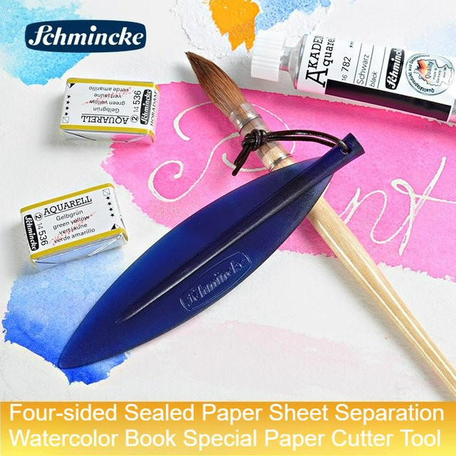 Schmincke Weidenblattmesser aus Kunststoff für Aquarellbücher mit blauem vierseitig versiegeltem Papierblatt - Bild 1