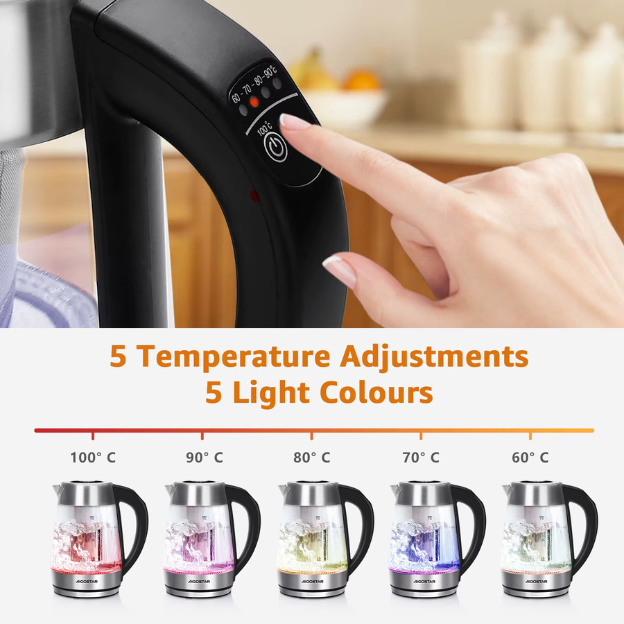 Aigo Star Cris Wasserkocher aus Borosilikatglas in Transparent mit Teekanne, 1,7 l, 2200W, 5 Temperatureinstellungen, Warmhaltefunktion und LED-Beleuchtung - Bild 3