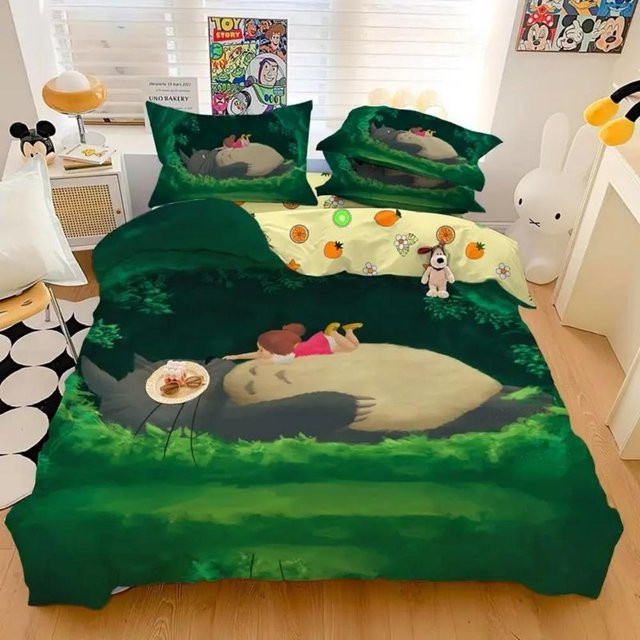 Flylo Anime Totoro Bettwäscheset aus Mikrofaser in Grün mit Bettbezug und Kissenbezug, B/H: 140 x 210 cm - Bild 1
