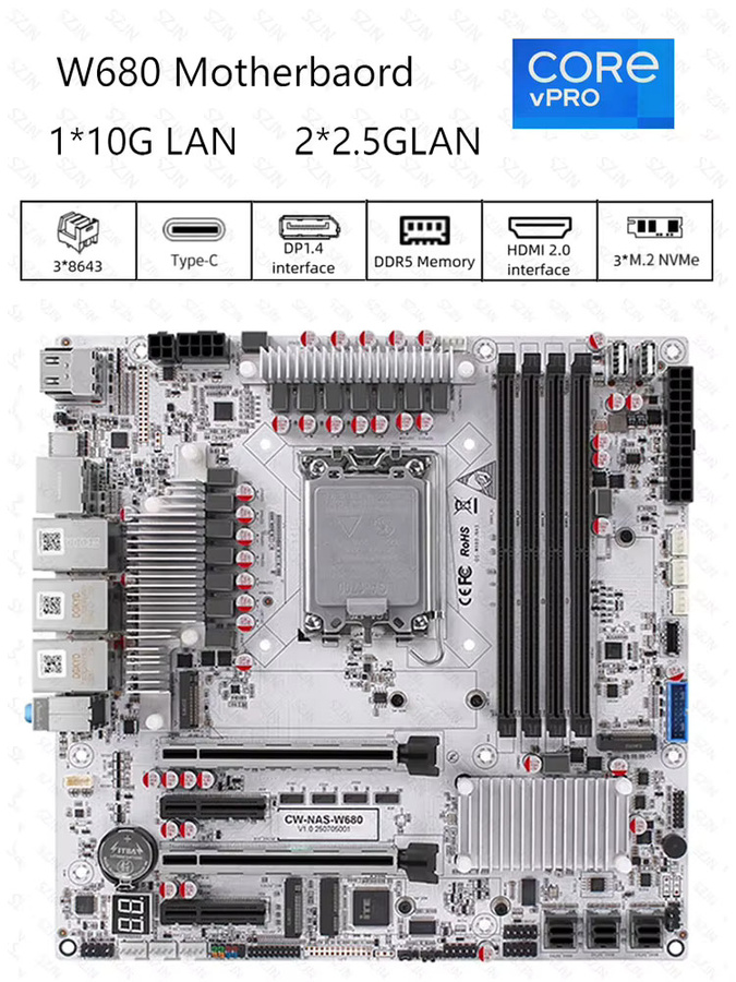 CWWK W680 Motherboard für NAS und All-in-One Workstations, unterstützt 12. bis 14. Generation Intel Core, DDR5, PCIe 5.0, 12x SATA 3.0 und 3x M.2 NVMe, LGA1700 - Bild 5