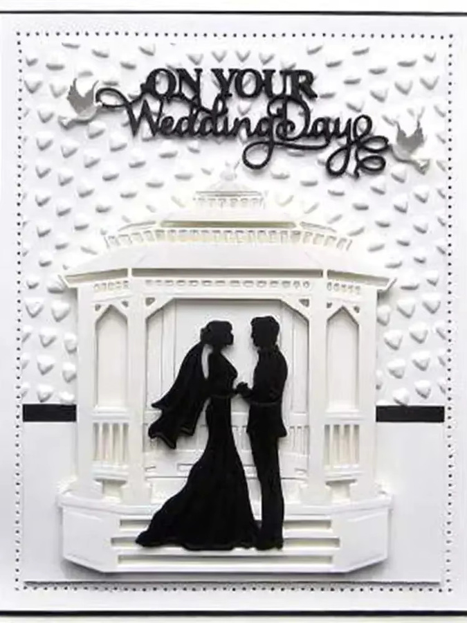 Metall-Stanzformen für DIY Scrapbooking und Basteln mit Hochzeitsmotiven wie Braut und Bräutigam sowie Pavillon und Glockenrand - Bild 3
