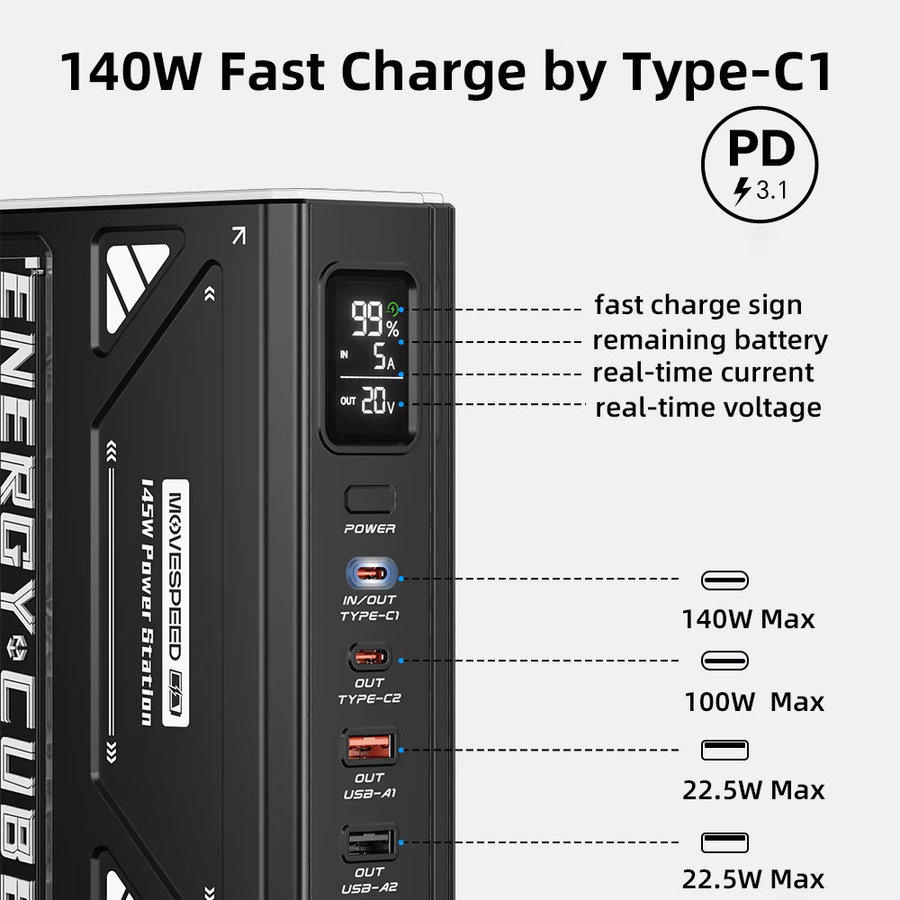 MOVESPEED Z70 Pro Max Powerbank 70000mAh mit 140W Schnellladegerät, externer Akku für MacBook und Laptop, Schwarz - Bild 6