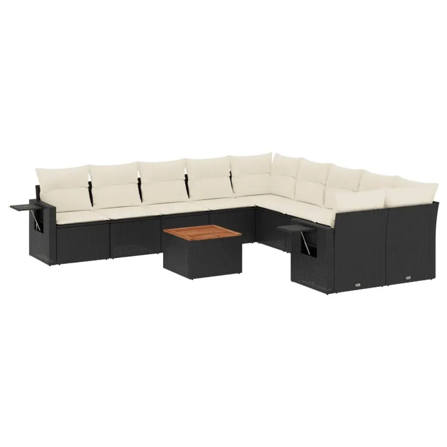 vidaXL 11-teilige Garten-Sofagarnitur aus Poly-Rattan und Akazienholz in Schwarz-Creme mit Kissen - Bild 2