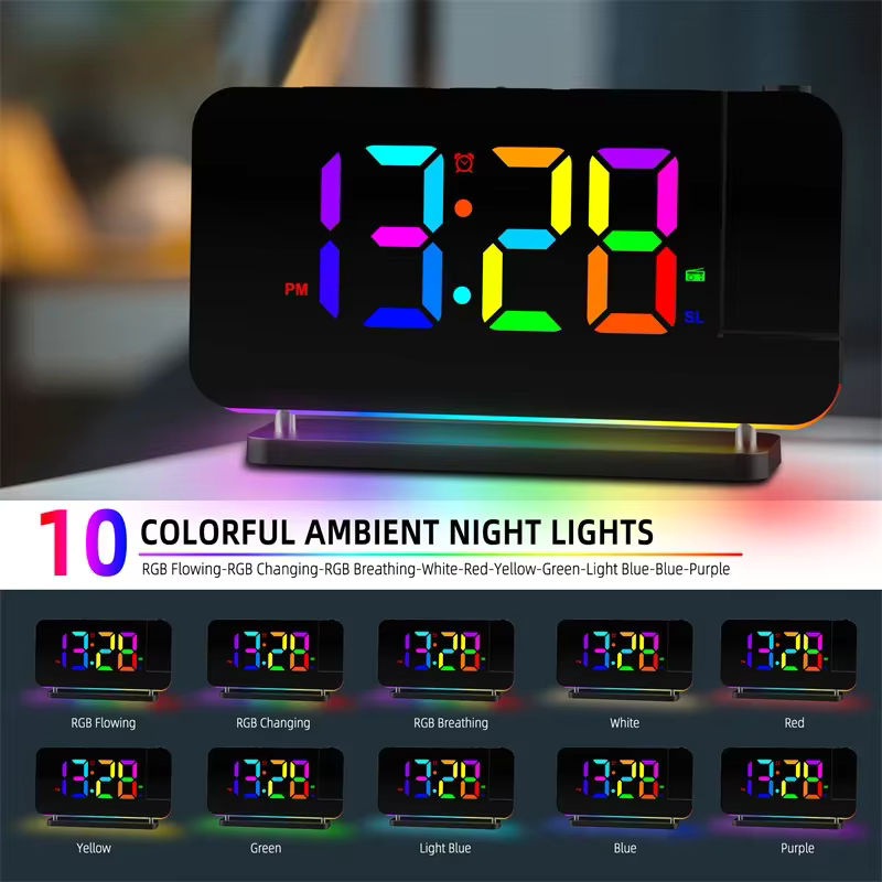 NieNie Projektionswecker mit UKW-Radio, RGB-Nachtlicht und digitaler LED-Uhr, Farbe: Weiß/Multicolor - Bild 2