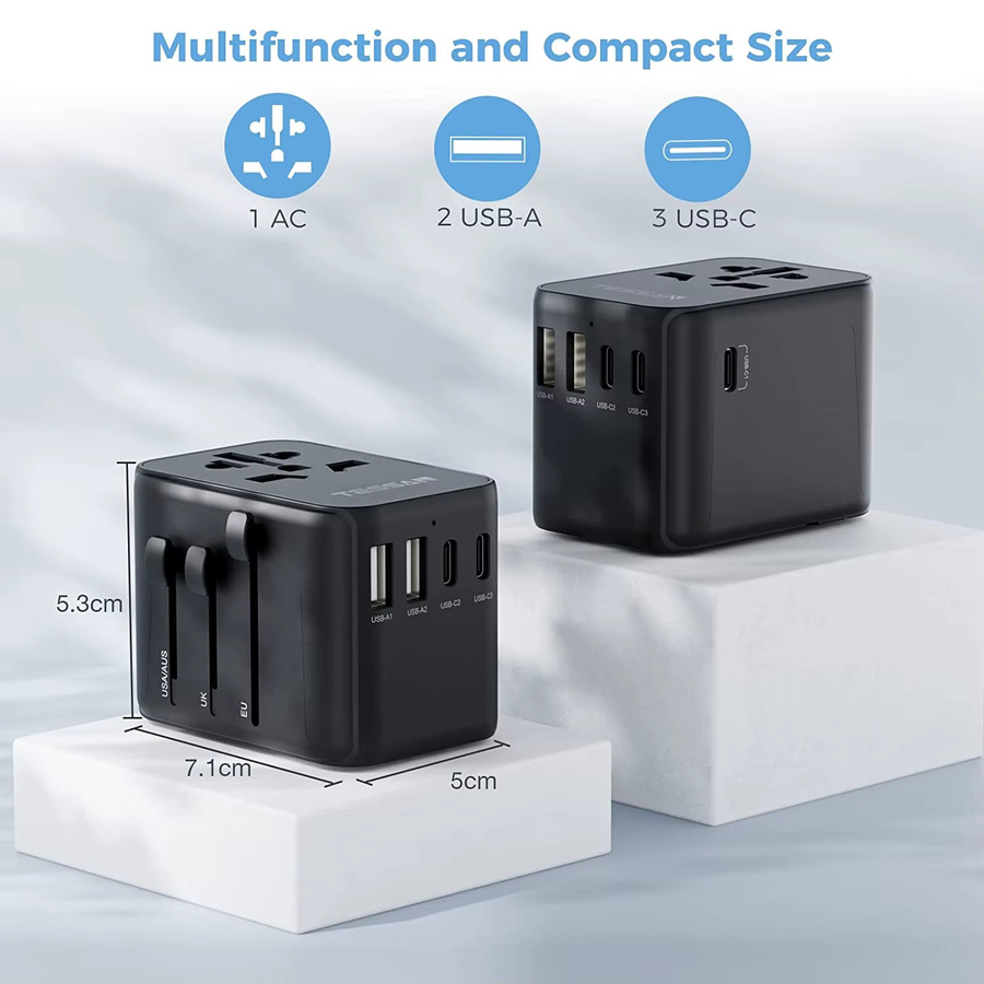 TESSAN Universal-Reiseadapter All-in-One Wandladegerät mit 2 USB-A und 3 USB-C Anschlüssen in Schwarz für Reisen in die USA, EU, UK und AUS - Bild 3
