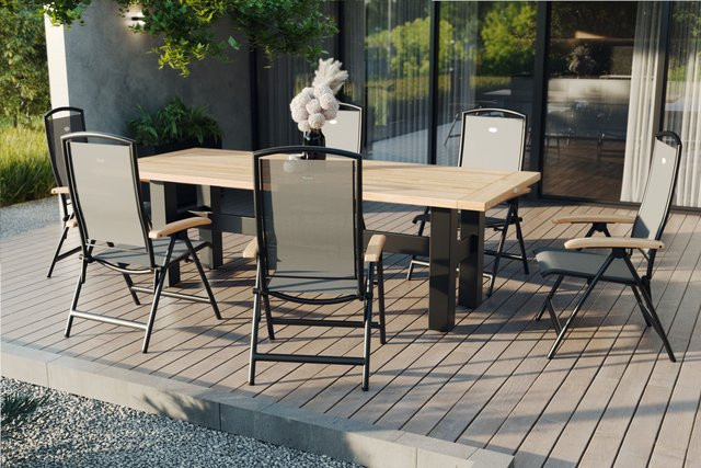 Hartman Yasmani Garten-Essgruppe aus Aluminium, Teakholz und Textilene in Anthrazit und Braun, ausziehbar mit 6 Sesseln - Bild 1