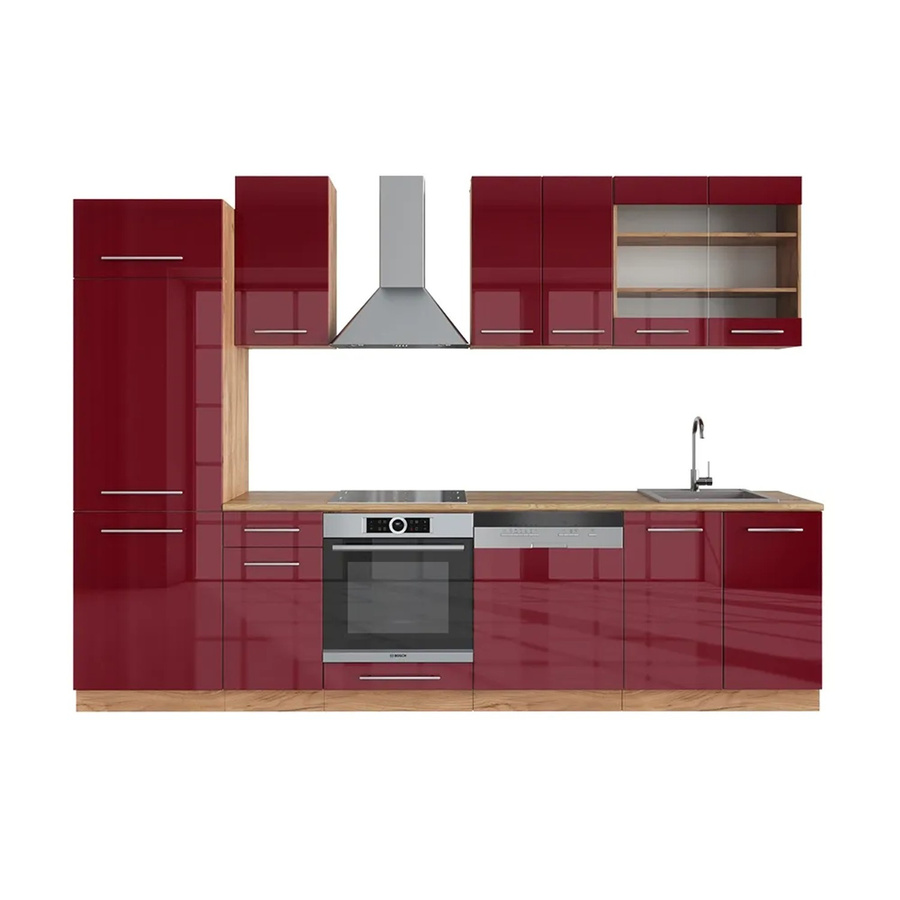 Vicco Fame-Line Küchenzeile Bordeaux Hochglanz und Goldkraft Eiche, Breite: 300 cm - Bild 2