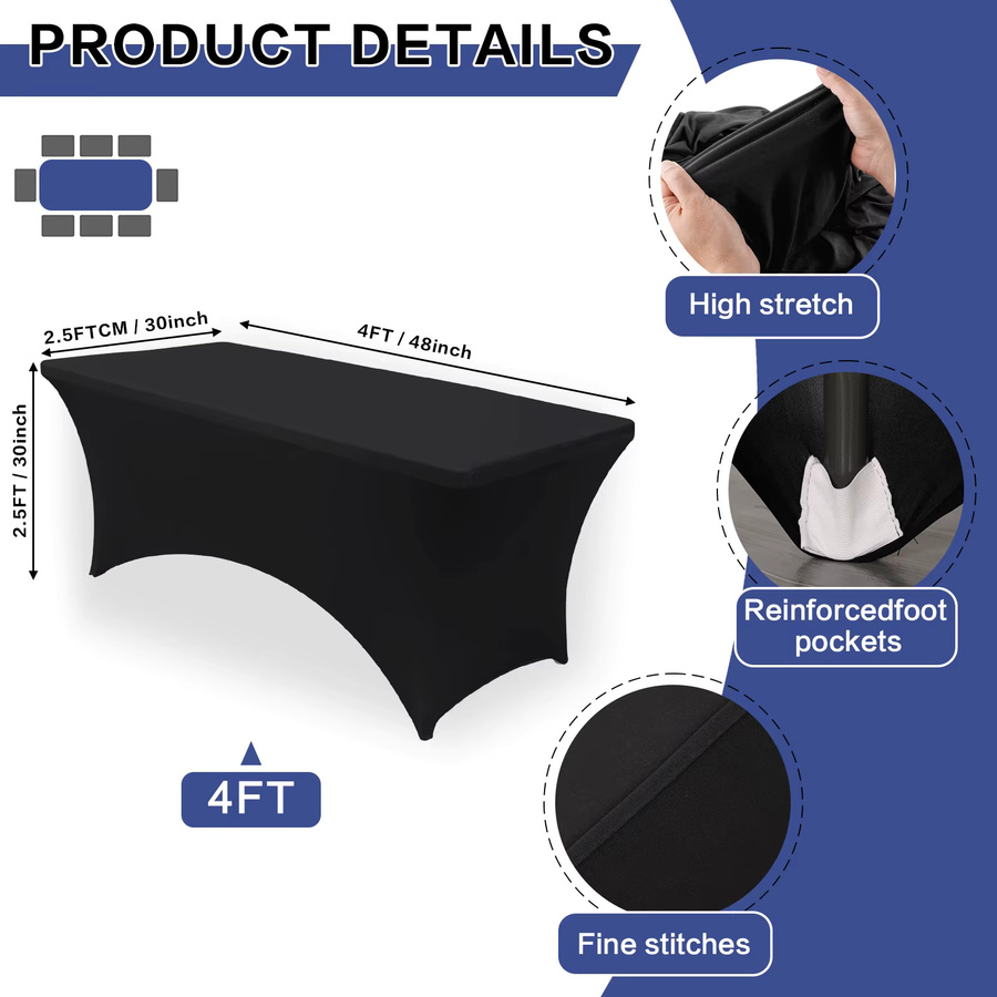 Hptmus Spandex-Tischdecke für rechteckige Klapptische, Schwarz, knitterfrei, 180 x 76 cm - Bild 2