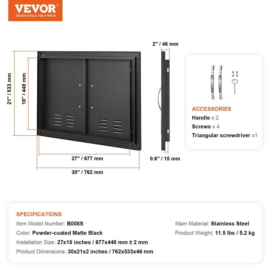 Buying Solutions MB Grillzugangstür für Außenküche in Schwarz, bündig einsetzbare Doppeltür mit Griffen und Lüftungsschlitzen, B/H: 76,2 x 53,3 cm - Bild 8