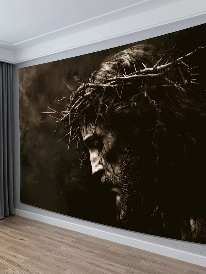 VIKAMA Religiöser Wandteppich Jesus Dornenkrone in Vintage-Optik, Schwarz, Rechteckig - Bild 4