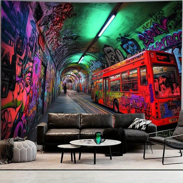 Wandteppich von JMG Household Supplies mit Graffiti-Tunnel und rotem Bus in Multicolour, Urban Street Art Dekor im Boho-Stil, B: 150 cm, H: 130 cm - Bild 1