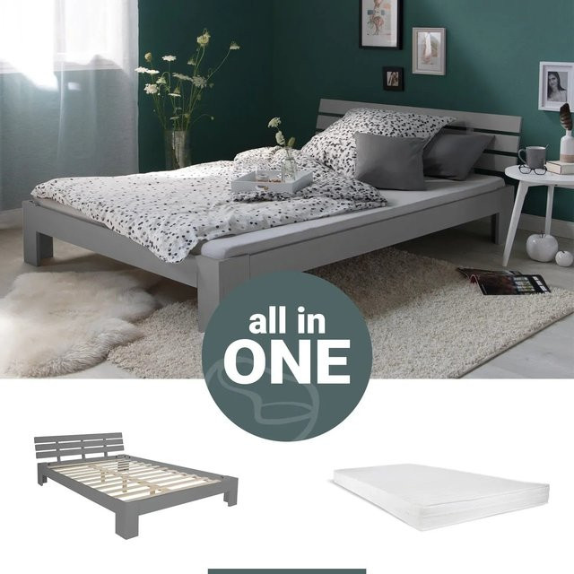 Homestyle4u Holzbett aus Kiefer mit Lattenrost und Matratze in Grau, B/T/H: 140 x 200 x 66 cm - Bild 1