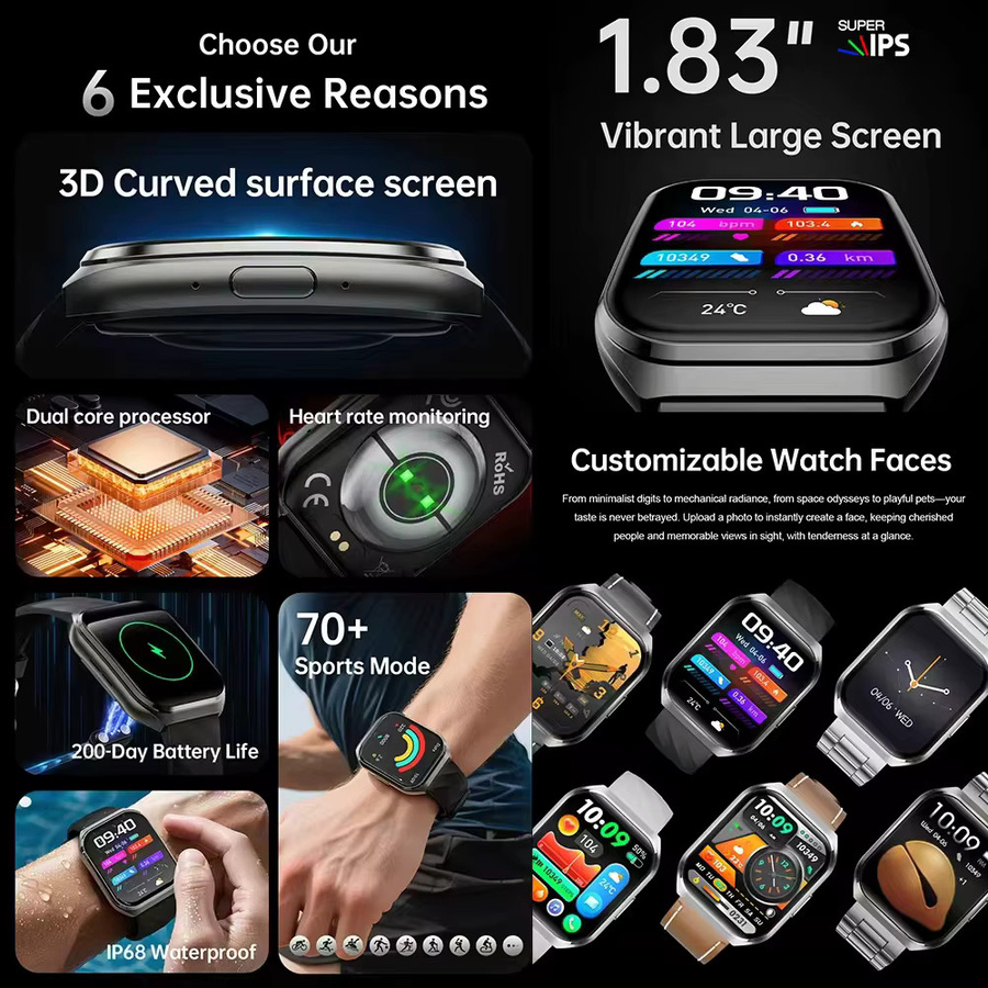BOALZETD Smarte Herren-Smartwatch in Silber mit Bluetooth-Anruffunktion, Herzfrequenzmessung und IP68 Wasserdichtigkeit - Bild 3