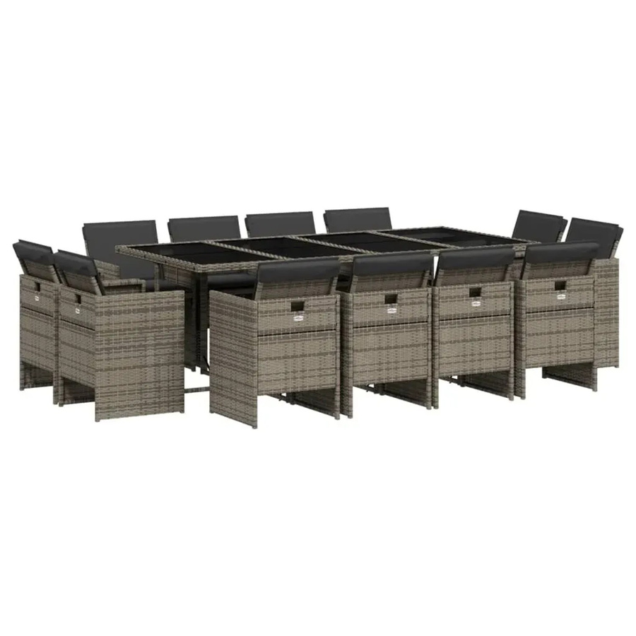 vidaXL 13-teilige Garten-Essgruppe aus Poly-Rattan mit Kissen in Grau und Hartglas-Tischplatte - Bild 2