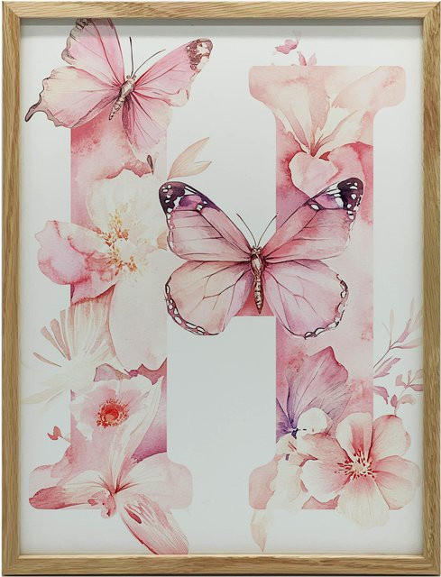 Romantisches Poster mit dem Buchstaben H aus Blumen und Schmetterlingen von iKable, Premium-Leinwand auf Keilrahmen, Multicolor, Breite: 50 cm, Höhe: 70 cm - Bild 1