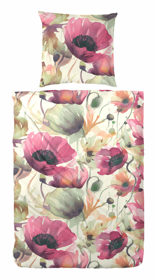 Primera Edelflanell Bettwäsche mit Blumenmuster in Grün, Rosa und Natur, bestehend aus Bettbezug und Kissenbezug, B/H: 135 x 200 cm, Kissen: 80 x 80 cm - Bild 1
