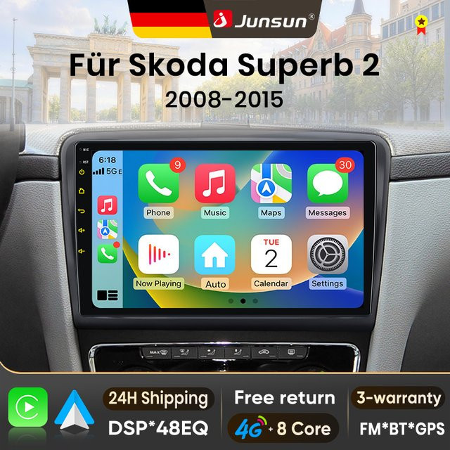 Junsun 10 Zoll Android 15 Autoradio für Skoda Superb 2 2008–2015 mit kabellosem Apple CarPlay in Schwarz - Bild 1