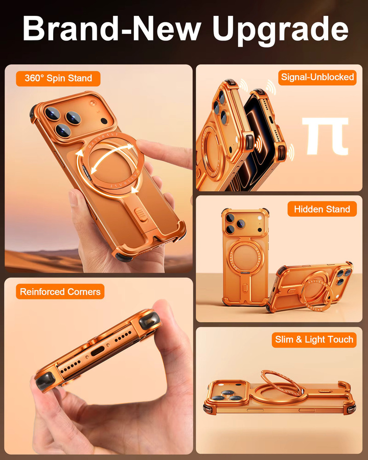 Eary Rahmenlose Handyhülle für iPhone 17 Pro Max und iPhone 17 Pro mit 360 Grad drehbarem magnetischem Ständer aus Aluminium Metall in Schwarz und Orange - Bild 5