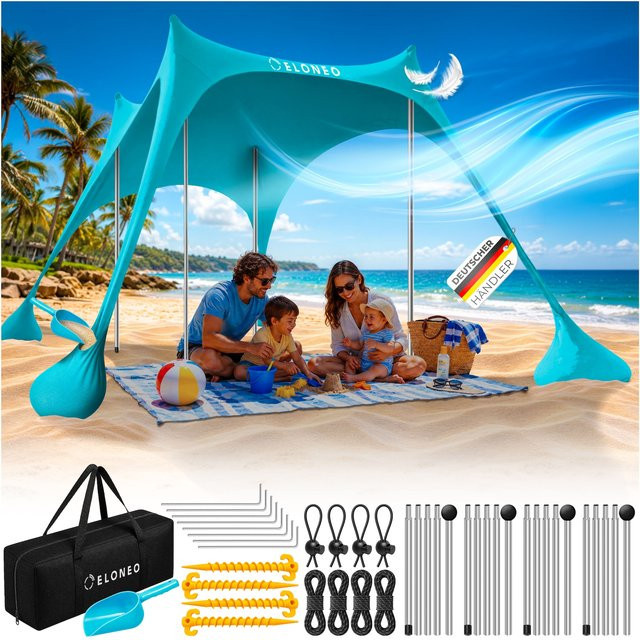 ELONEO Strandzelt Sonnensegel in Türkis mit LSF 50+ für 8 Personen, B/T/H: 300 x 300 x 200 cm - Bild 1