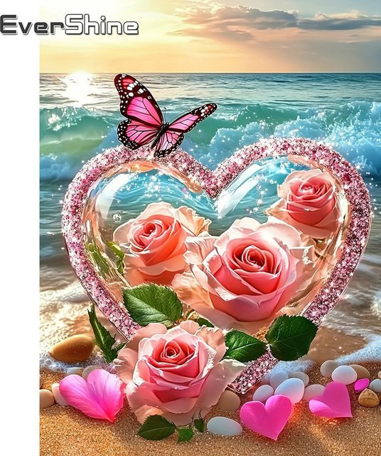EverShine Diamant-Stickerei Set mit Rosen-Liebesherz und Meereslandschaft, Multicolour, B/H: 30,0 x 20,0 cm - Bild 1
