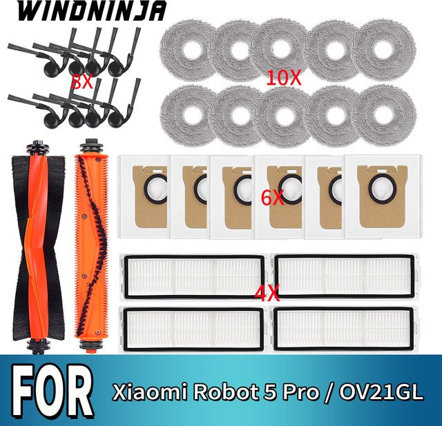 Xiaomi Ersatzteil-Set für Robot Vacuum 5 Pro OV21GL mit HEPA-Filter, Wischtuch, Seitenbürste, Hauptbürste und Staubbeutel - Bild 1