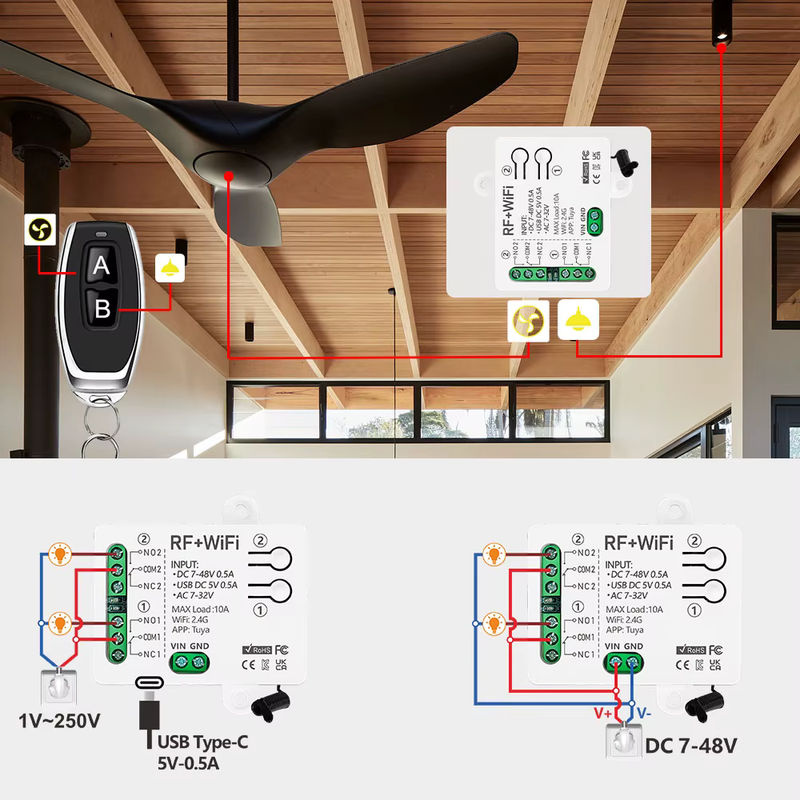 Tuya WiFi RF Schalter mit 2 Kanälen und Trockenkontakt Relais für DC 12V 24V, drahtlose Fernbedienung mit 50m Reichweite, kompatibel mit Google Assistant und Alexa - Bild 4