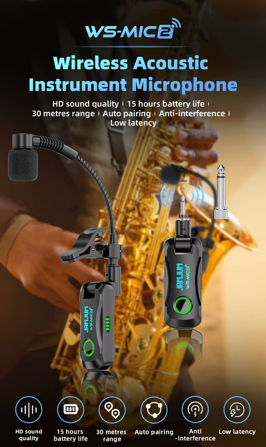 Kabelloses Akustikmikrofon für Saxophon mit 6,35 mm und 3,5 mm Audio-Buchse in Schwarz - Bild 3