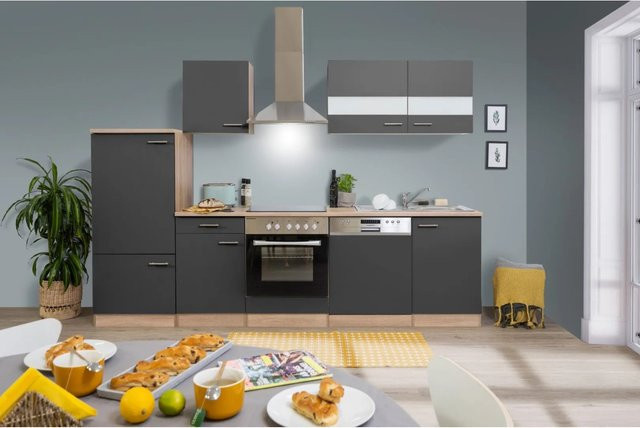 Respekta Küchenzeile KB280ESGC Modern in Grau-Eiche Sägerau mit Soft-Close-Türen und Glaselementen, Breite: 280 cm, Tiefe: 60 cm, Höhe: 82 cm - Bild 1