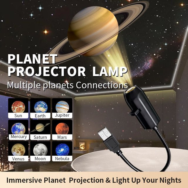LINYILIGHT Projektionslicht USB Nachtlicht mit umschaltbaren Mustern Planet Mond Totenkopf Geist in Schwarz - Bild 1