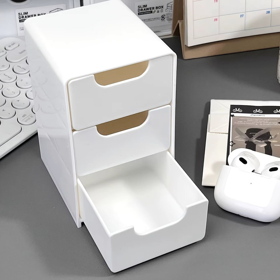3-lagige weiße Desktop-Aufbewahrungsbox aus Kunststoff mit rundem Griff für Bürobedarf, Schmuck und Kosmetik - Bild 2