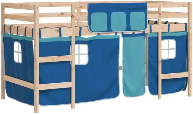 vidaXL Kinderhochbett aus Massivholz Kiefer mit Vorhängen in Blau und Braun, B/T/H: 80 x 200 x 113,5 cm - Bild 1